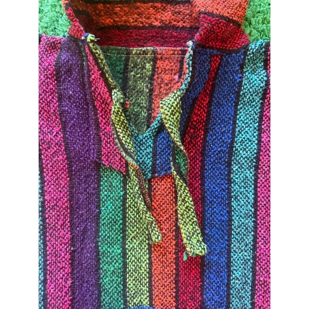 Vintage Style Rainbow‎ Striped Woven Baja Hoodie Drug Rug Pullover Multicolor